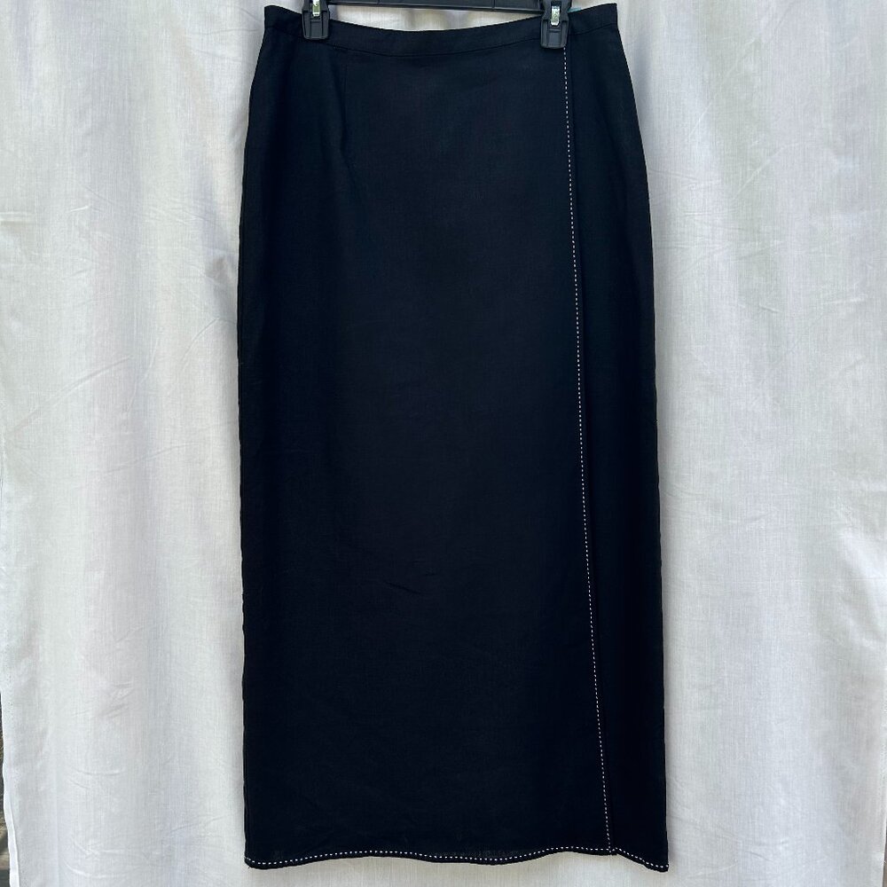 Richard Malcolm Black Linen/White Top Stitch Women's Lined Long Skirt Size 12